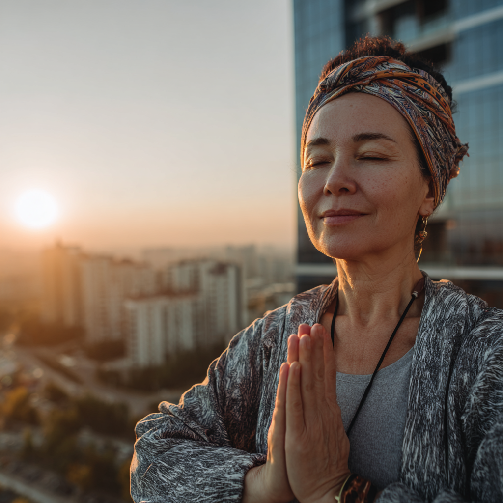O'zbek milliy kiyimida ayol tinch holda yoga mashqi qilmoqda